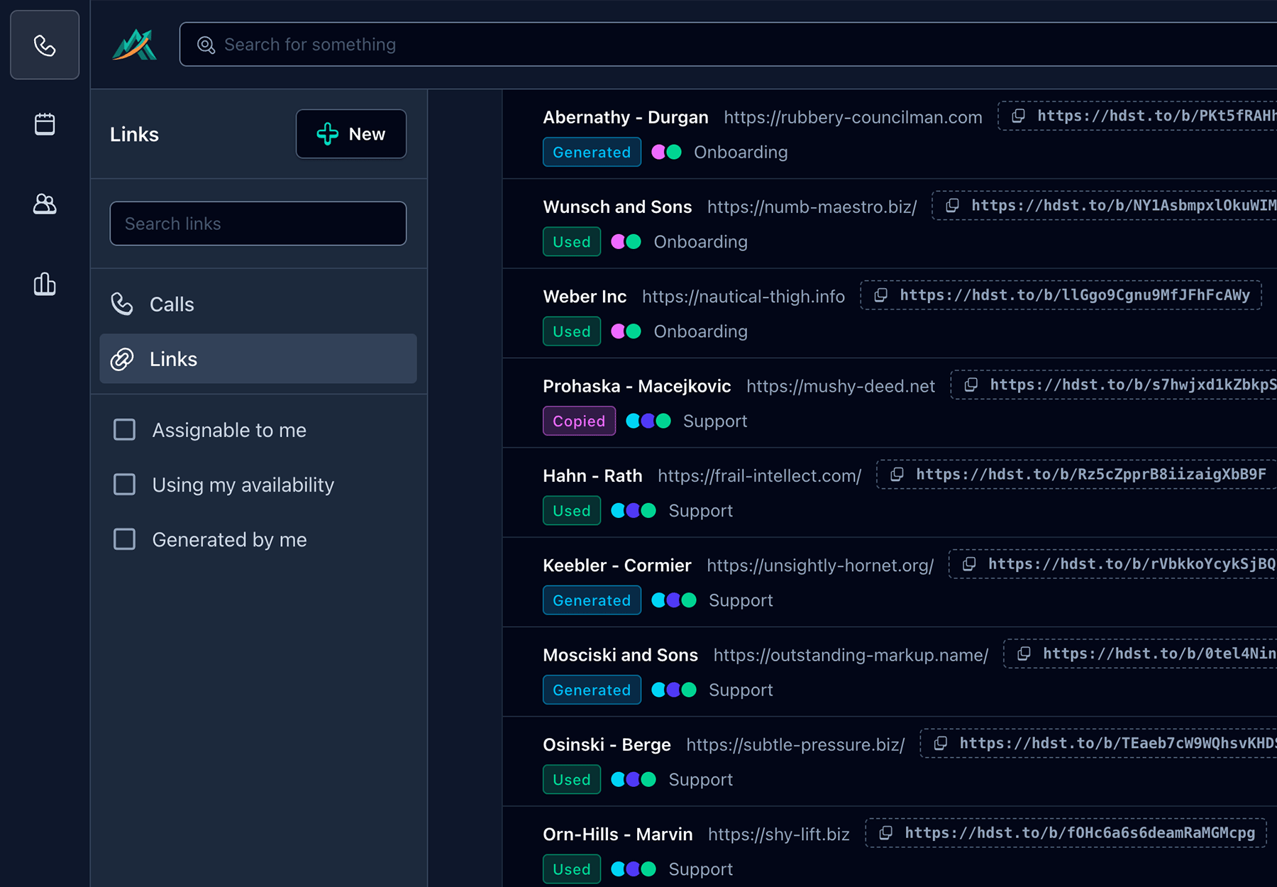 Screenshot of list of scheduling links