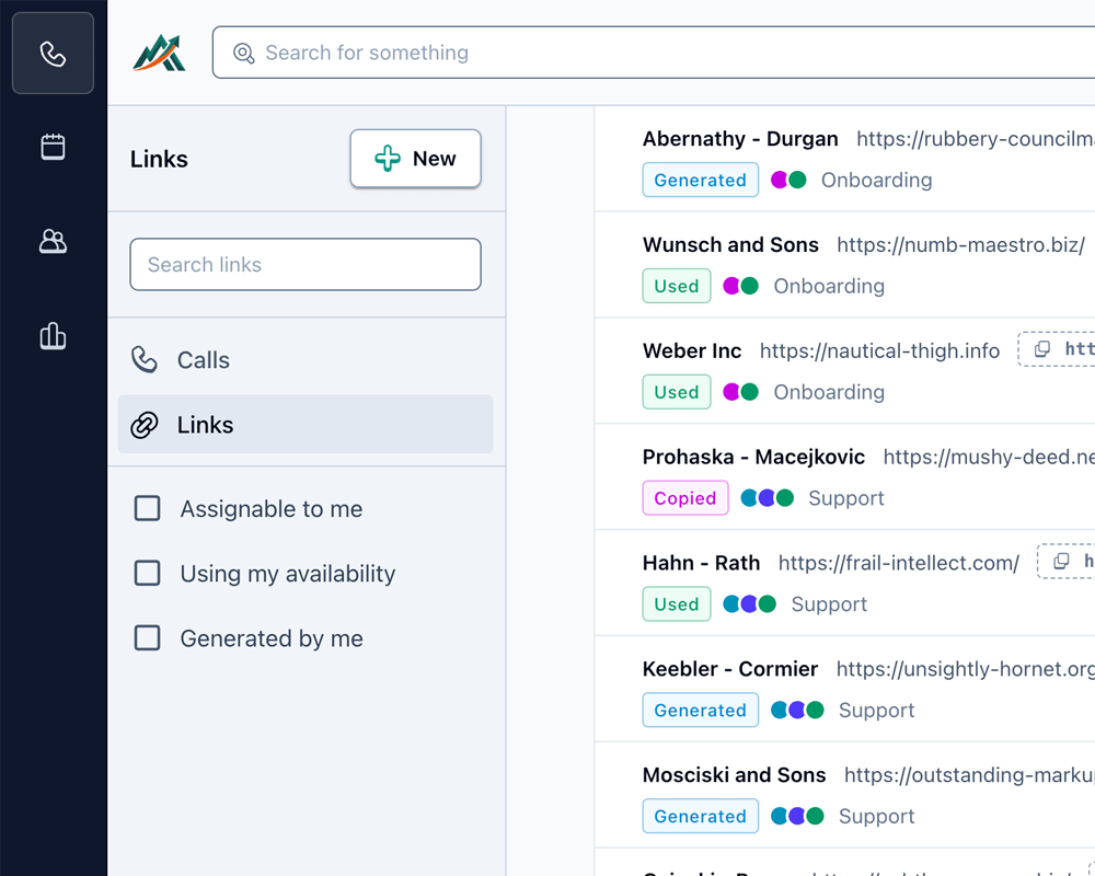 Screenshot of list of scheduling links