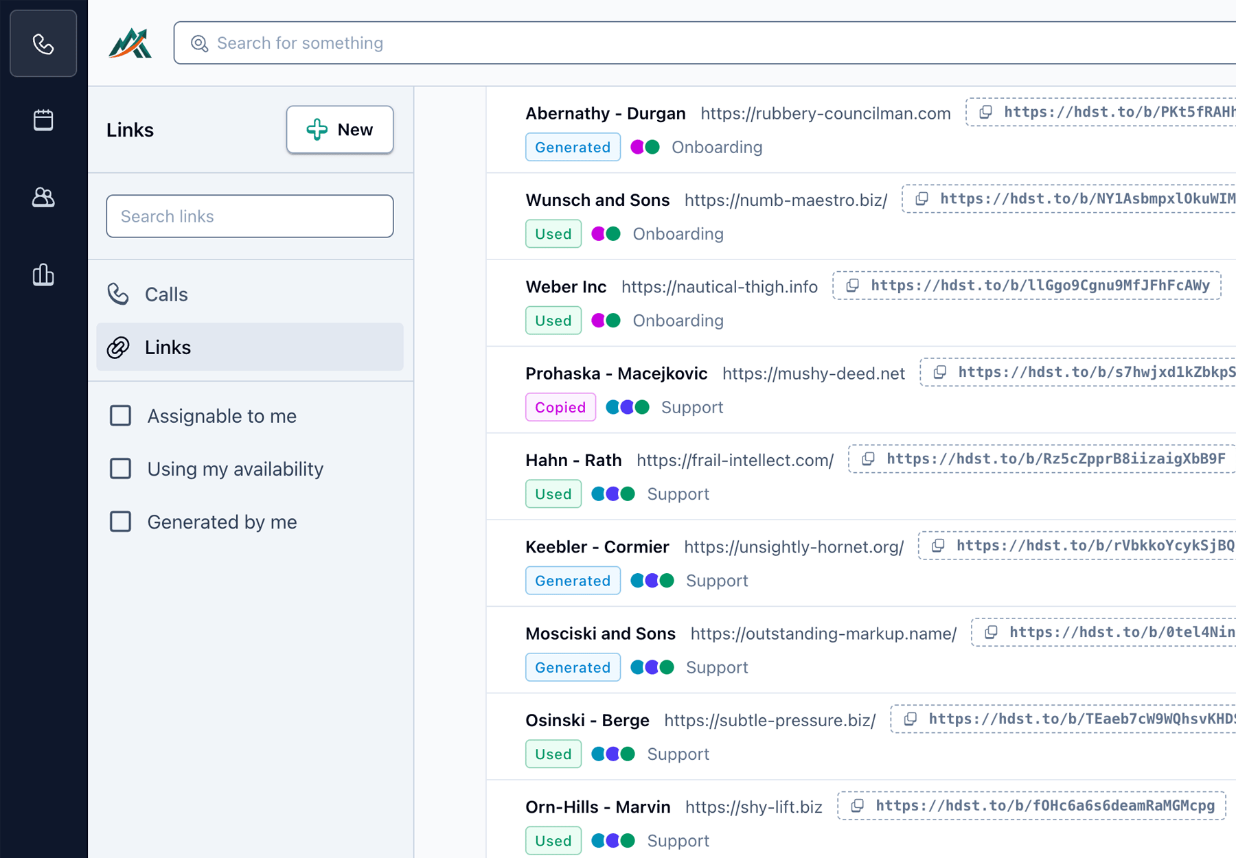 Screenshot of list of scheduling links